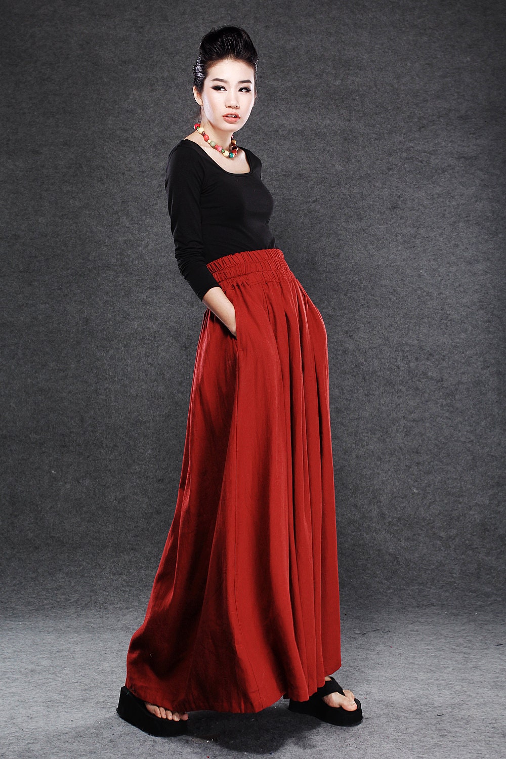 Red Linen Maxi Skirt Dark Red Full Long Skirt with