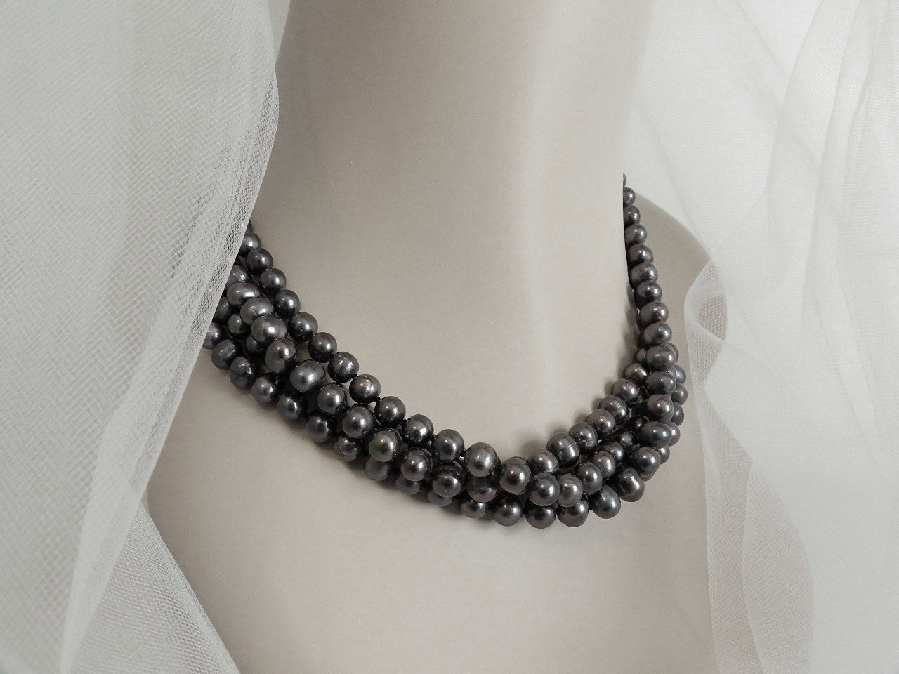 Black Pearl Necklace Pearl Choker Necklace 4 Strand Wedding