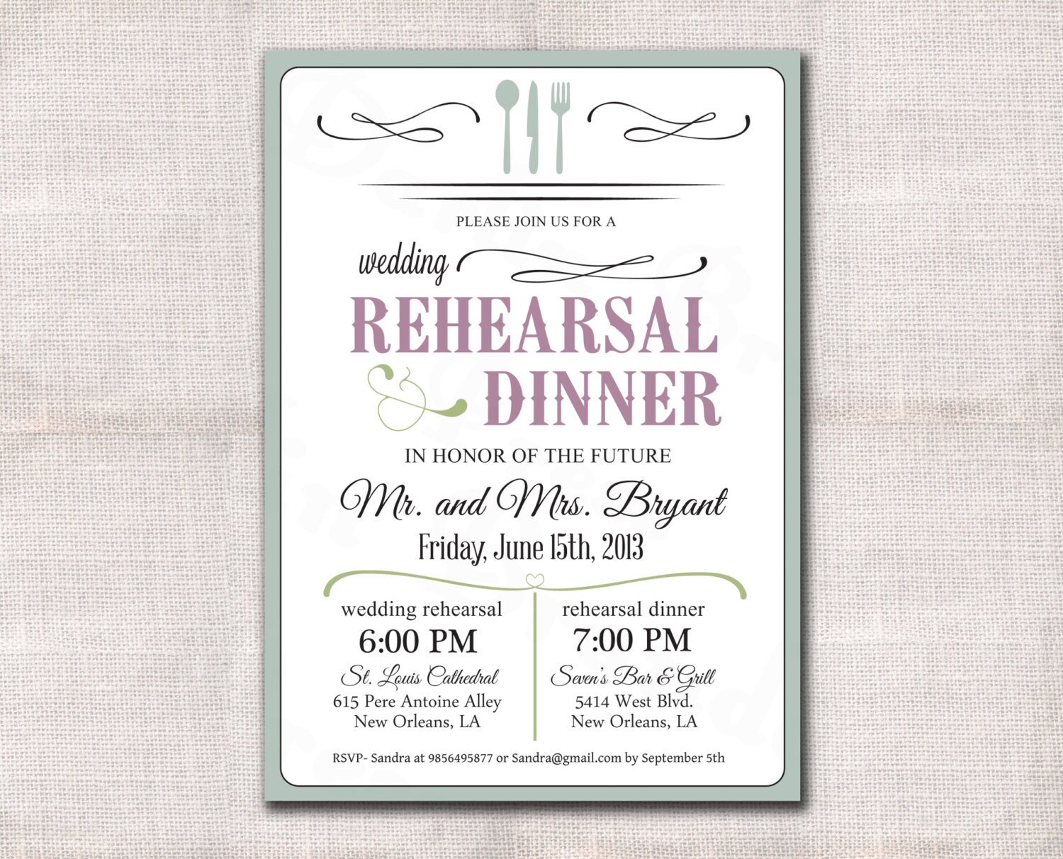 Wedding Rehearsal Dinner invitation custom printable 5x7