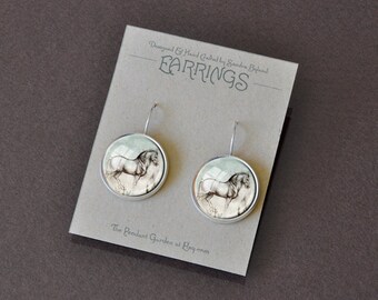 DA VINCI HORSE Earrings Horse Jewelry Blue and Gray 16mm Dangle Earrings Horse Lover Gift Equestrian Earrings Leonardo Da Vinci Art