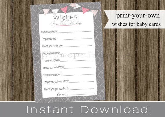 Wishes for Baby cards, girl, gray and pink, INSTANT DOWNLOAD, diy digital printable file print your own , babyshower, baby shower idea Il_570xn