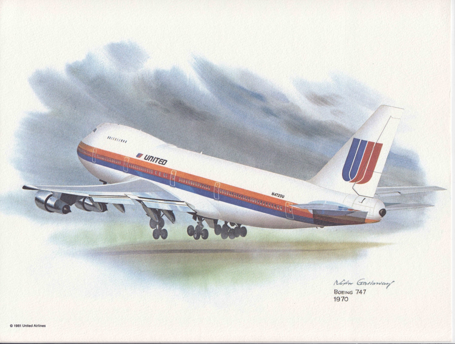 Boeing 747 Vintage United Airlines Nixon Galloway Print