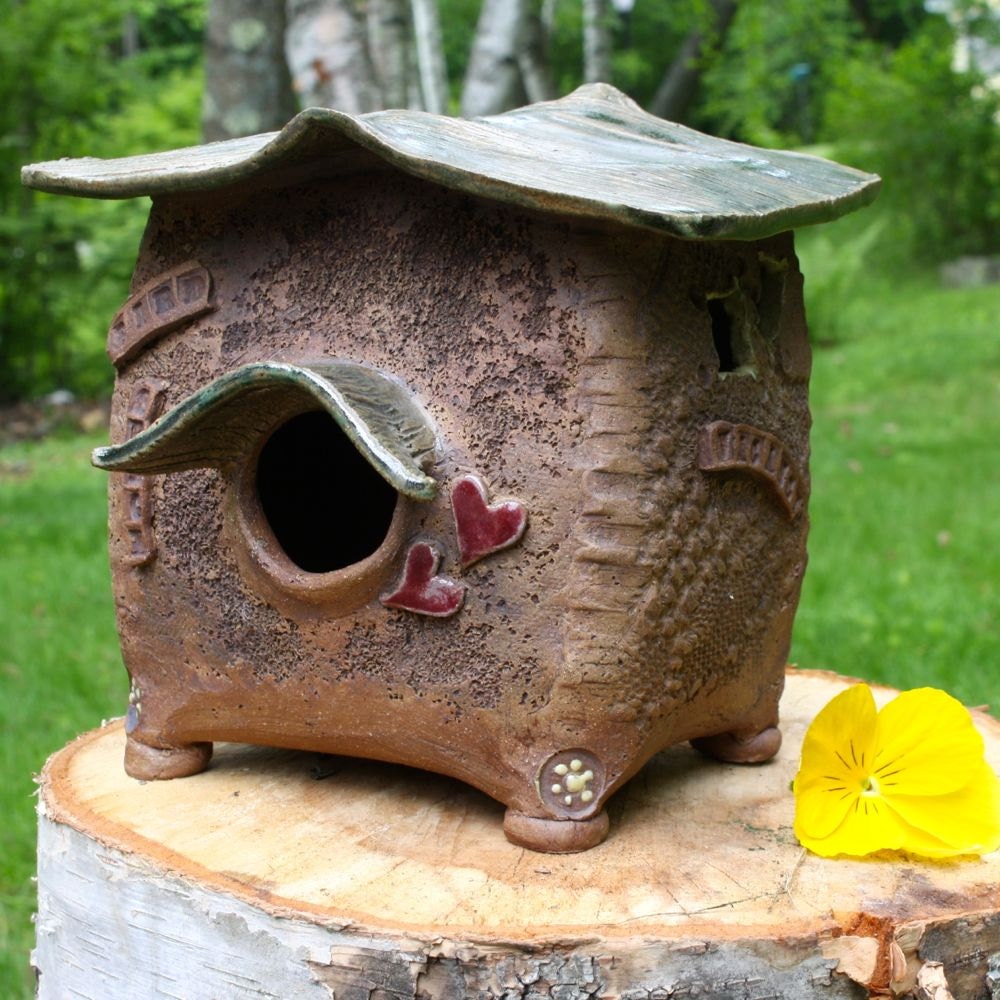 Handmade Ceramic Birdhouse Rustic Decorative Stoneware