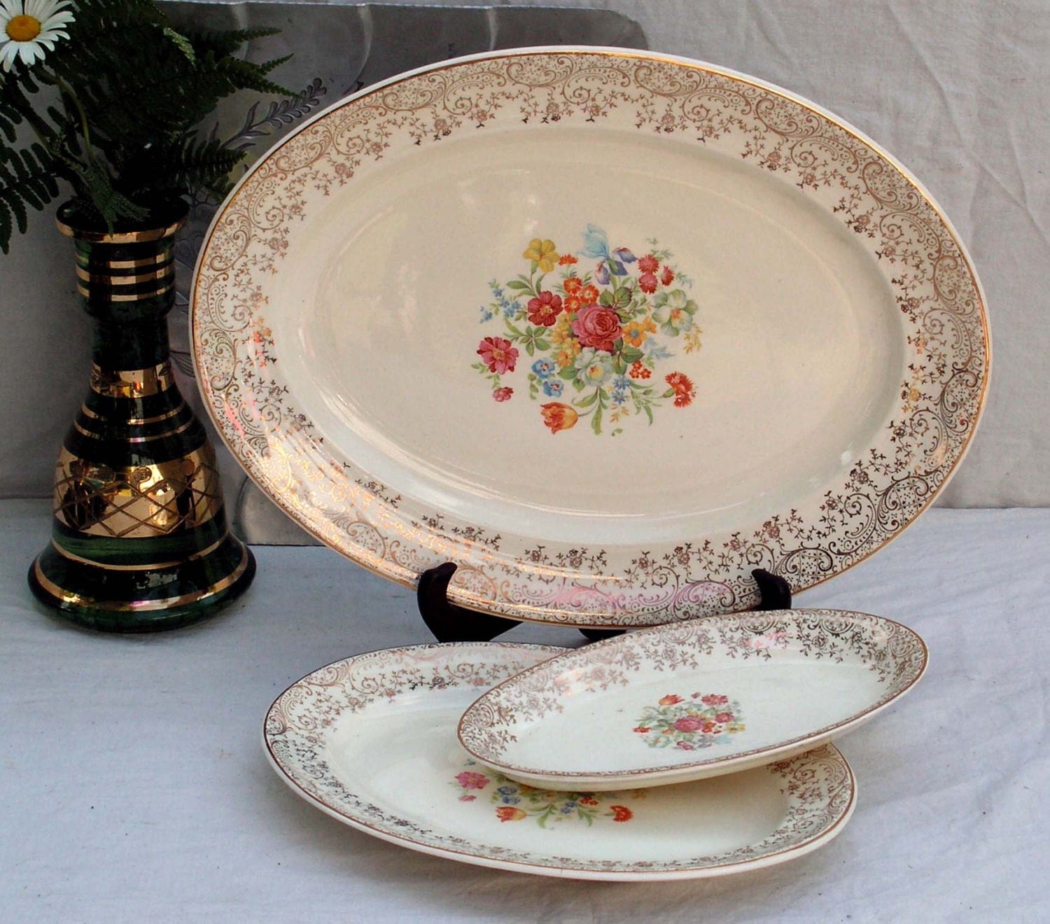 Steubenville China Serving Platter Set Floral Gold Filigree