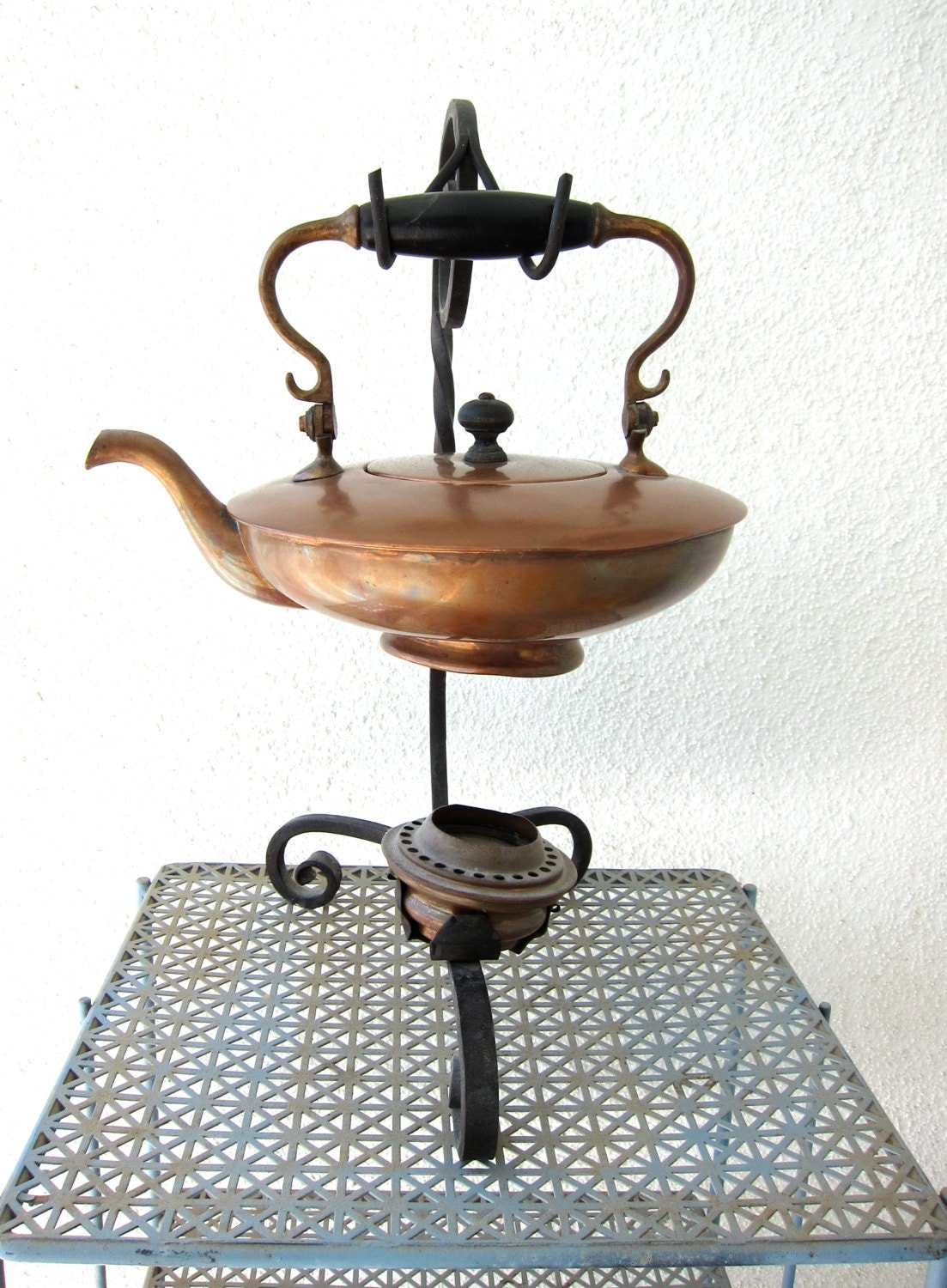 Antique Copper Tea Kettle Teapot Wrought Iron Stand Tea