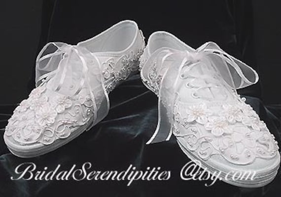 Bridal Bride Tennis Shoes Sneakers Satin and Pearl Beaded