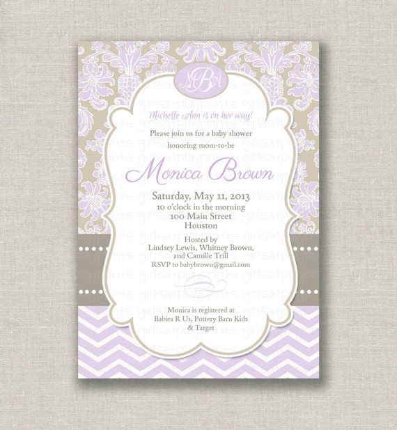 Baby Shower Girl Invitation Invite Chevron Lavender Damask - Printable DIGITAL - by girls at play girlsatplay Il_570xn