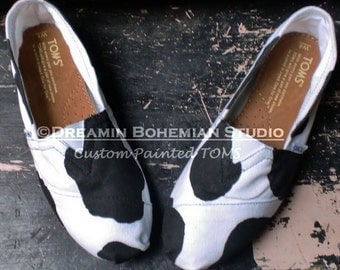 Custom Toms Shoes, Custom Toms, Hand Painted TOMS, Black and White Cow Print, Custom Hand Painted Shoes for Women, FFA, Future Farmers, TOMS