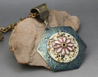 Mixed Metals Vintage Brass and Enameled Copper Necklace Pendant