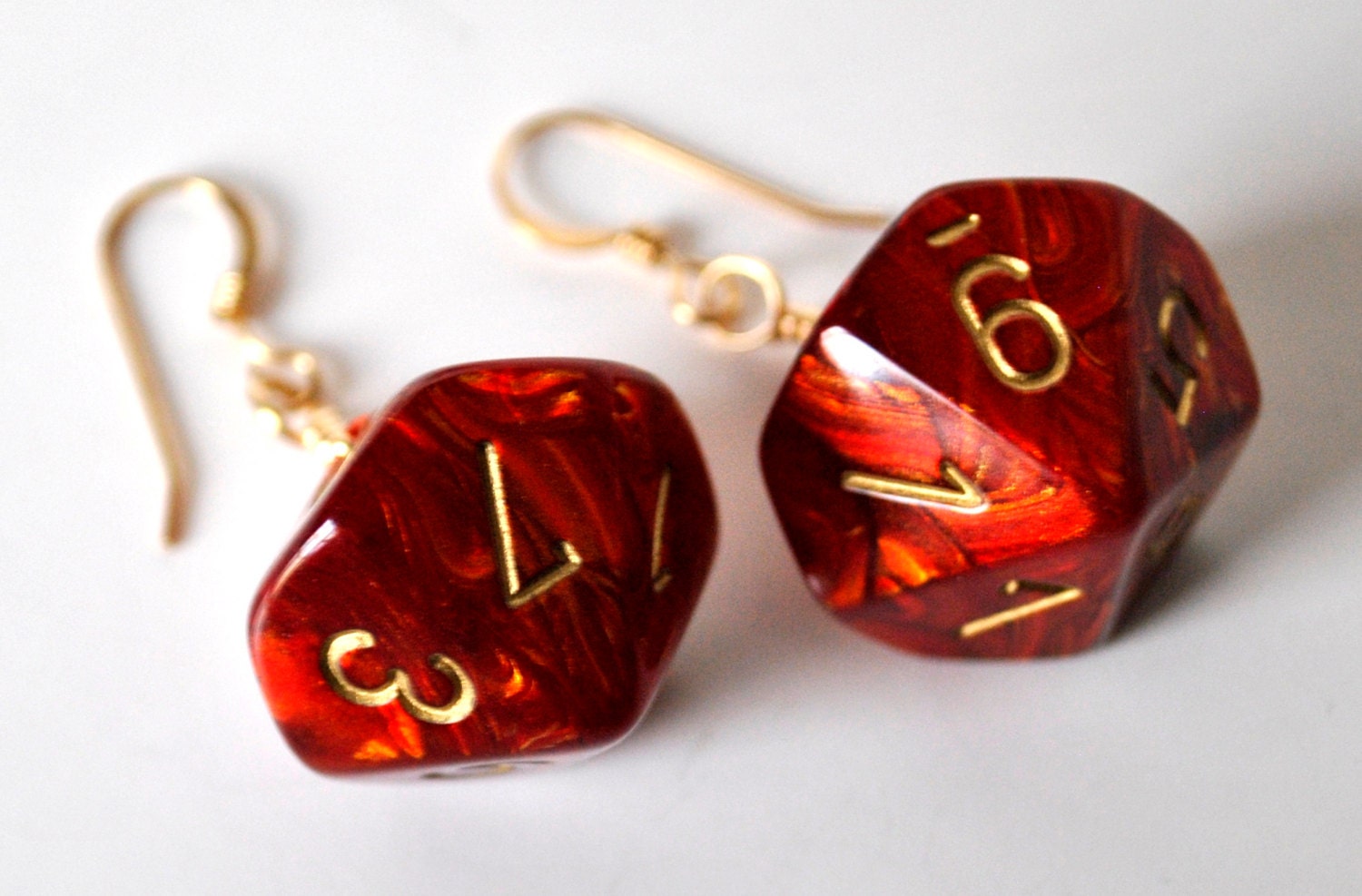 Dice Earrings D10 Ten Sided Dice Jewelry Red and Gold