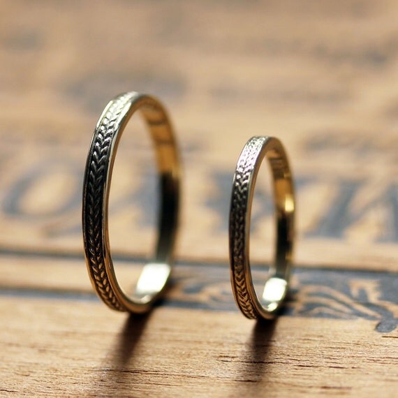 14k gold wedding ring set - braided wheat bands - recycled gold - harvest - engraveable wedding bands - made to order