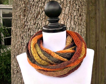 Circle Scarf Knit Infinity Scarf Infinity Cowl - Cowl Scarf in Safari Autumn Brown Rust Yellow Womens Accessories - READY TO SHIP