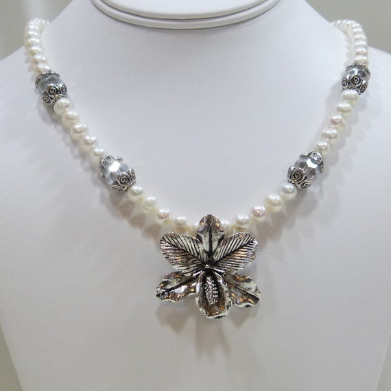 Silver Iris Freshwater Pearl Necklace by tbyrddesigns on Etsy