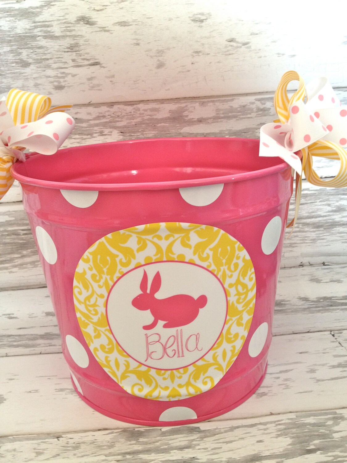 custom personalized 10 QUART name bucket in yellow damask