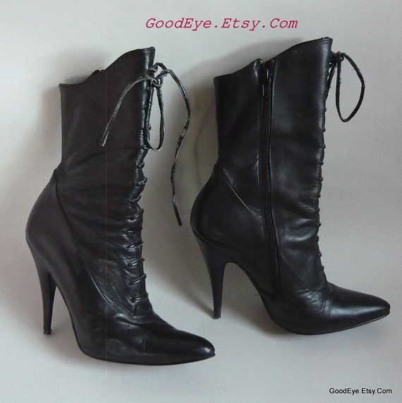 Vintage Stiletto Lace Up Boots sz 7 .5 Eu 38 Black by GoodEye