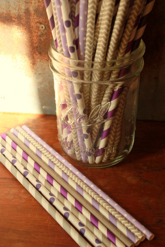 25 Purple & Gray Paper Straws Lavender Grey Drinking