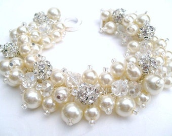 Bridal Jewelry, Wedding, Pearl Bridesmaid Bracelet, Pearl and Rhinestone Bracelet, Cluster Bracelet, Pearl Bracelet, Ivory Pearl Jewelry