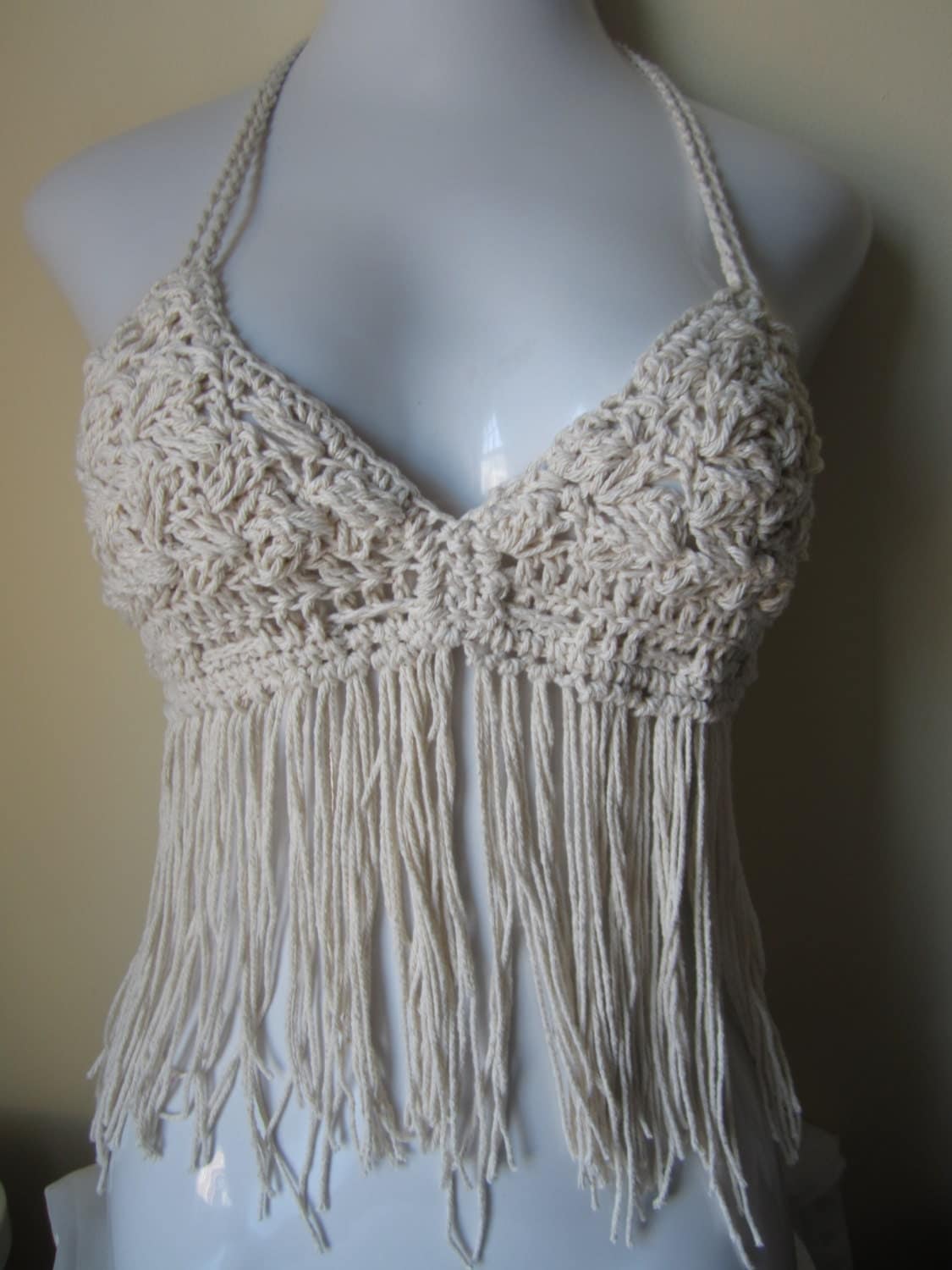 Fringe halter top Ecru festival bikini top by Elegantcrochets