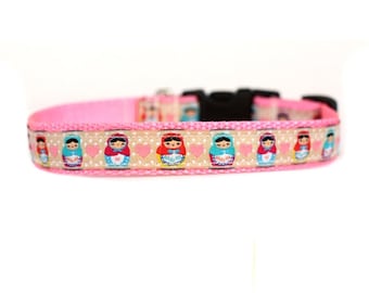 5/8 or 3/4 Inch Wide Dog Collar with Adjustable Buckle or Martingale in Matryoshka