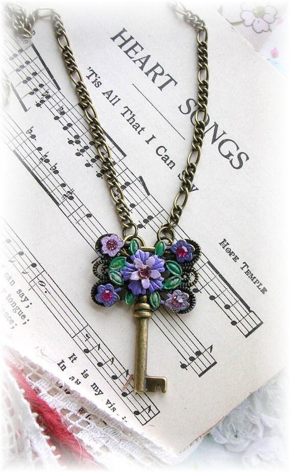 Antique Brass Style Skeleton Key Necklace Enamel Flowers