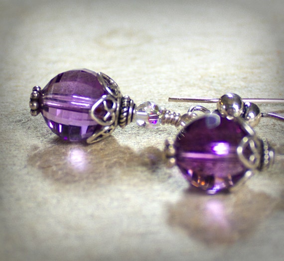 Amethyst Earrings Sterling Silver Crystal Ball Purple Natural Stone Semiprecious Microfaceted