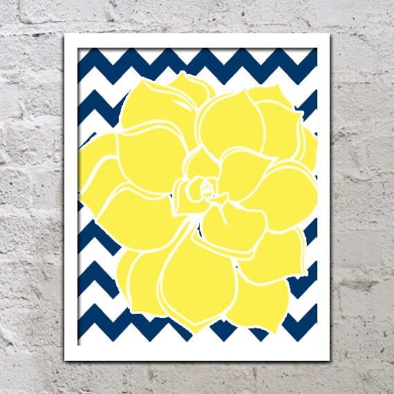 Items similar to Yellow Navy Blue Wall Art, CANVAS or Prints Dahlia