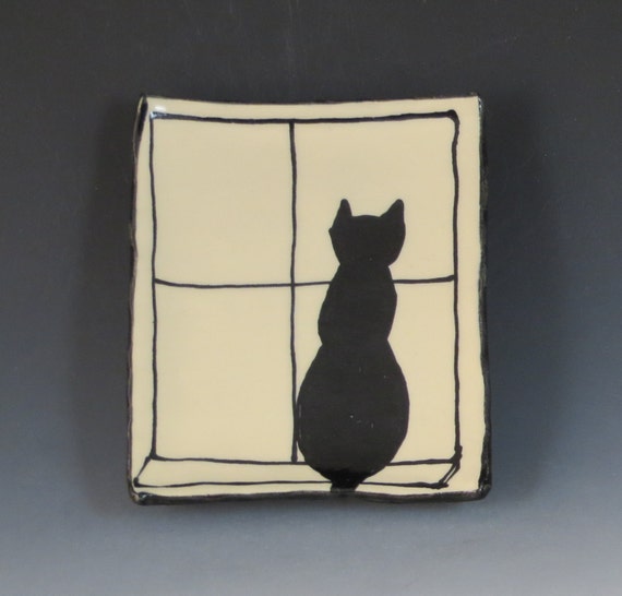 Items similar to Handbuilt Ceramic Soap Dish with Black Cat on Etsy