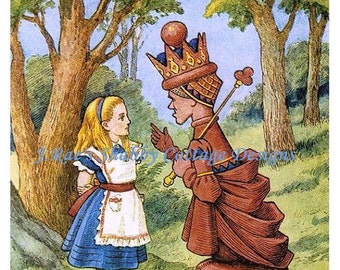 Whimsical Alice In Wonderland Fabric Block John Tenniel Illustration Alice w Chess Queen 5x7 on White Cotton