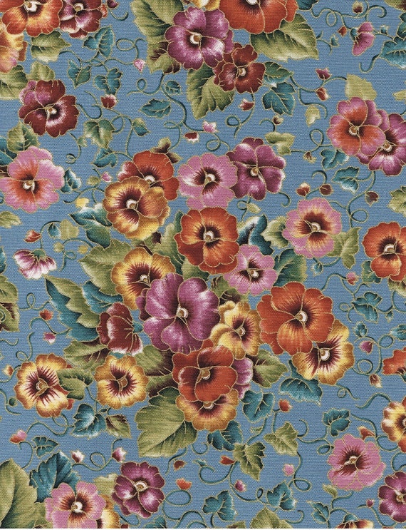 Pansy Teal 9 Pansies Cotton Quilting Fabric by HandDyedFabrics