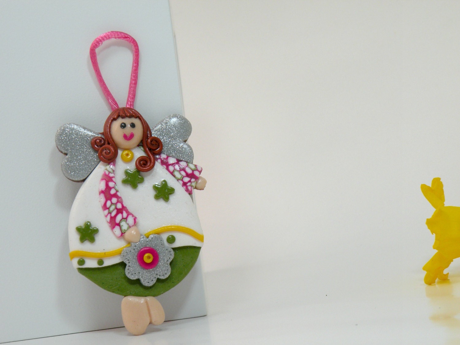 Spring Angel Ornament Decor, Pink, Fushia, Green and Yellow Angel with Flower, Baby Girl Decoration