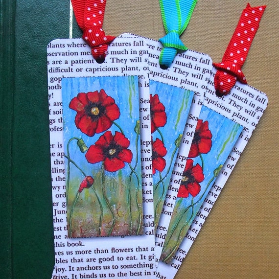 Items similar to NEW Red Poppy Bookmarks set of 3 by mixed media artist ...
