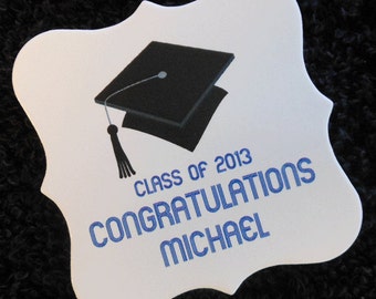 Personalized Graduation Favor Tags, graduation cap, black with blue printing, set of 100
