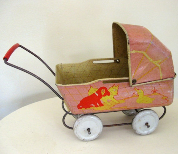 Antique Tin Toy Miniature Baby Carriage or Pram Animals on the