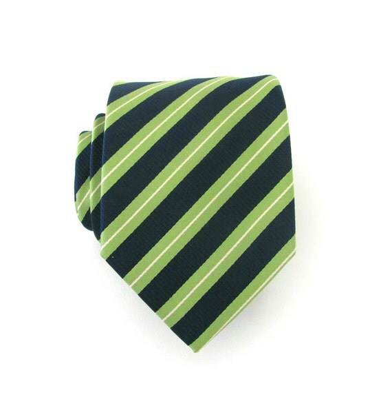 Necktie Navy Blue and Green Stripes Silk Mens Tie