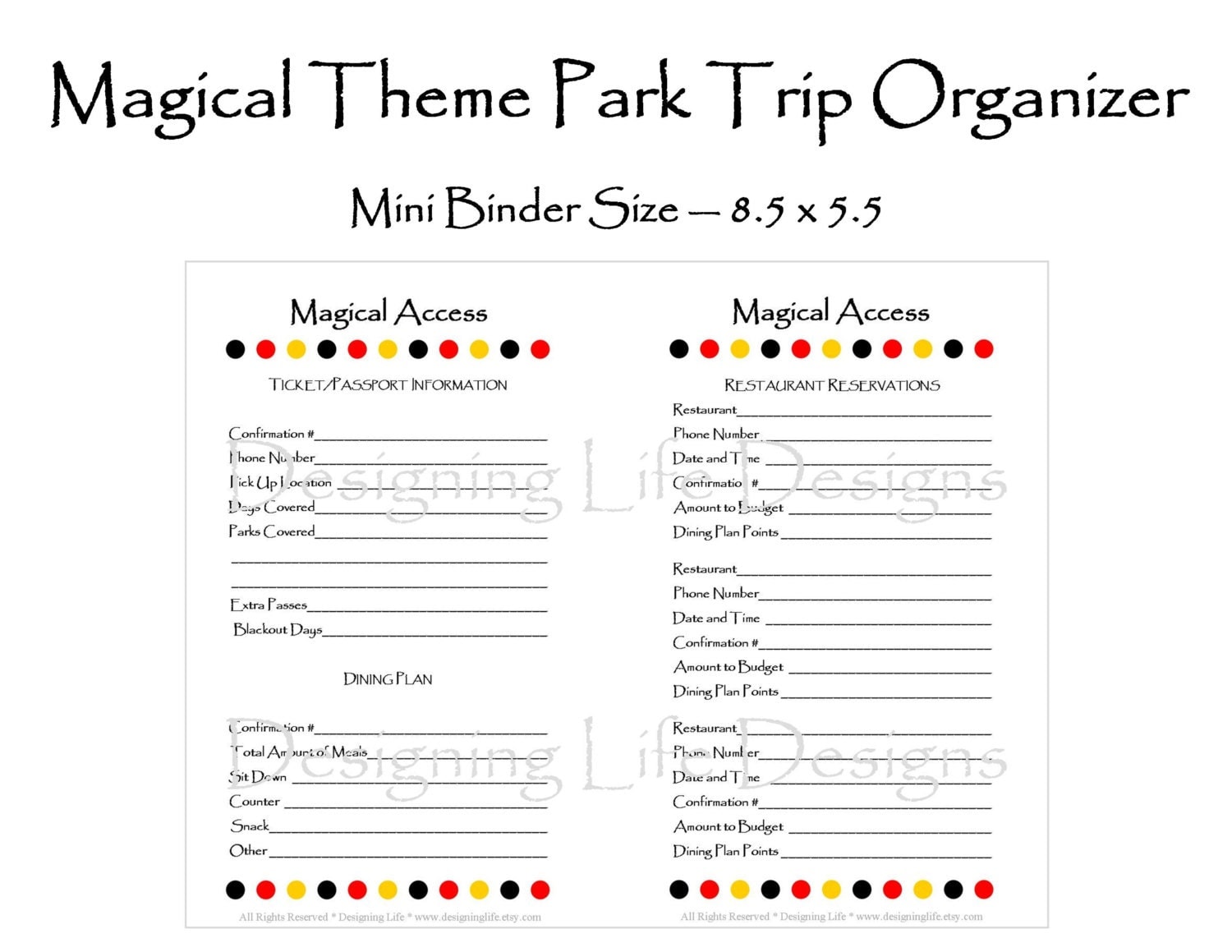 Editable Vacation Planner Magical Theme Park Half Pages 5.5