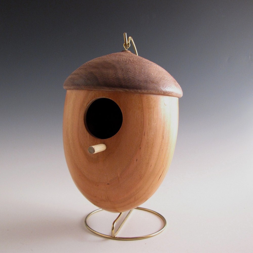 Cherry and Walnut Wood Turned Bird House Decorative Wood