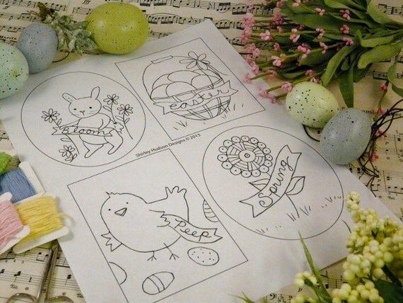 Easter bunny chick banner designs PDF Pattern - primitive stitchery hoop embroidery egg flower basket rabbit