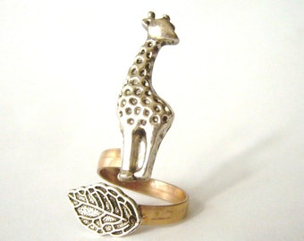 giraffe ring with a leaf wrap ring, adjustable ring, animal ring, silver ring, statement ring