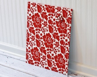 Fabric Covered Magnet Board 16 inch x 20 inch Red Floral on Ivory