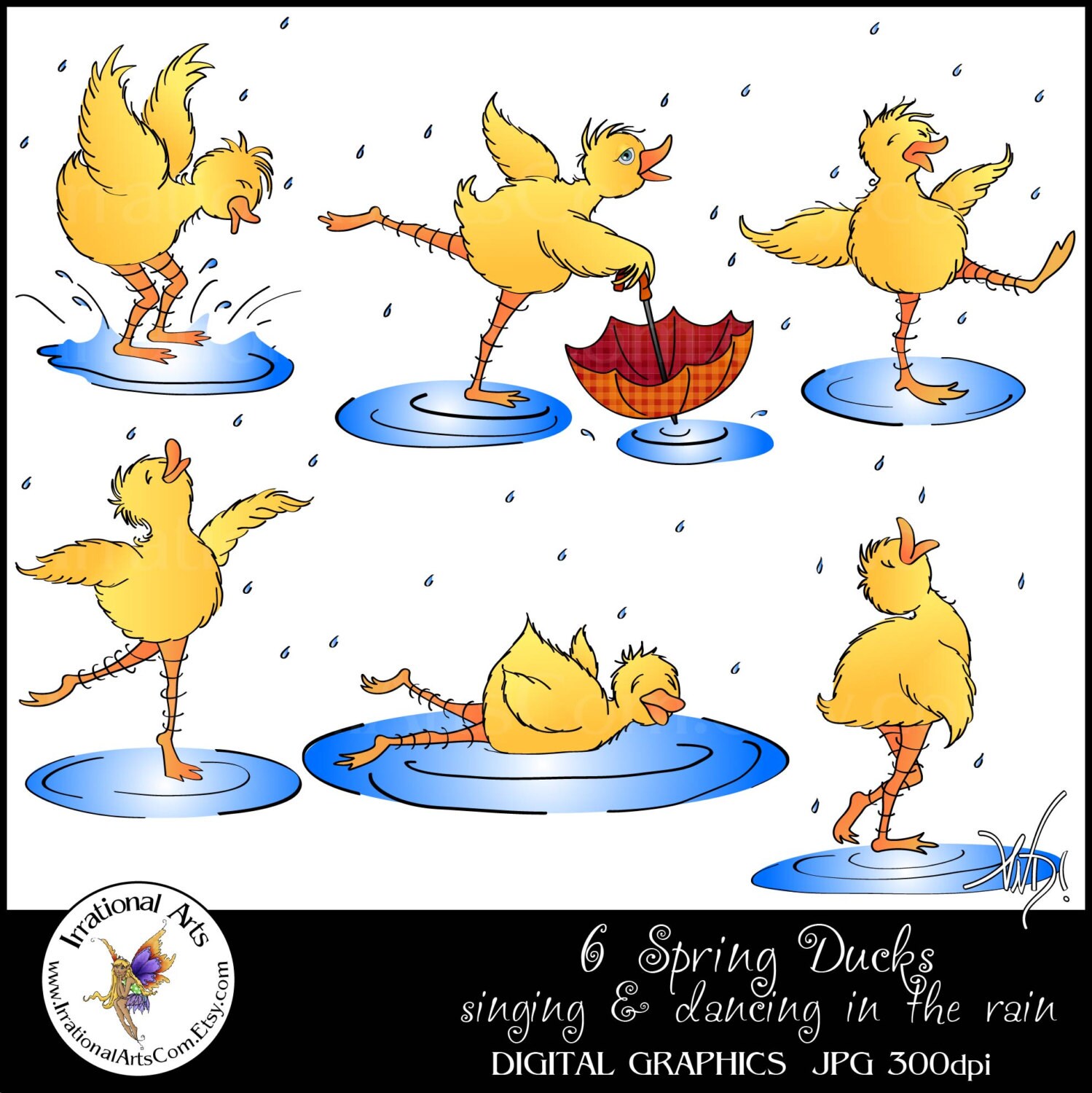 Spring Ducks Dancing in the Rain 6 png files Instant