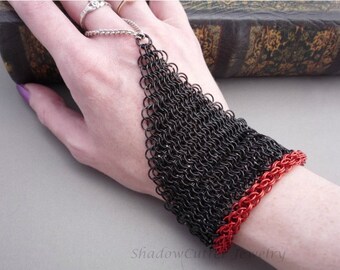 CLEARANCE 30% OFF Chainmaille Handflower / Slave Bracelet Black and Red chain mail ring bracelet hipster goth renaissance toggle clasp