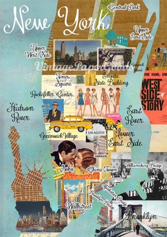 Items similar to NEW A3 Size: Vintage New York City Map Collage poster