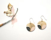 Hand painted earrings. Gold, pink, black. Sterling silver.
