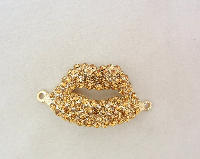 Topaz Rhinestone Lips Double Link Charm Gold-tone