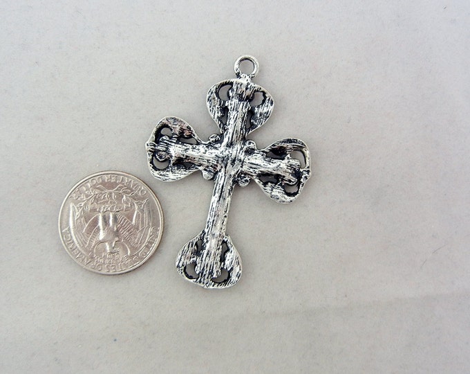 Antique Silver-tone Cross Charm Pendant Gray Rhinestones