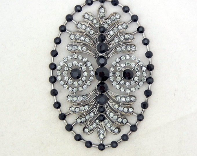 Large Oval Hematite-tone Gray and Black Rhinestones Pendant