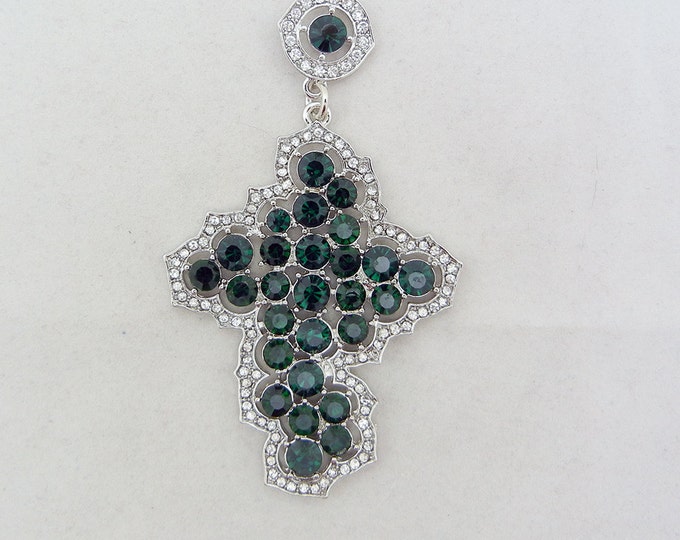 Cross Pendant with Emerald and Clear Rhinestones