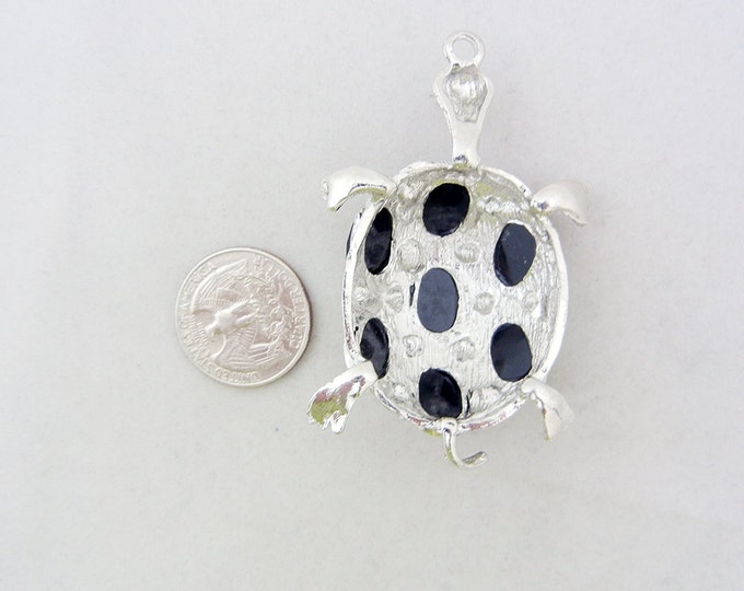 Textured Silver-tone Turtle Pendant with Black Acrylic Cabochons