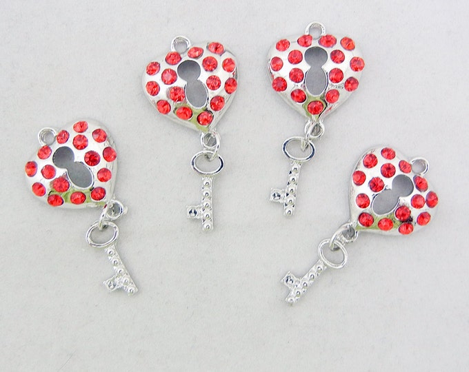 Set of 4 Silver-tone Red Rhinestones Heart Lock and Key Charms