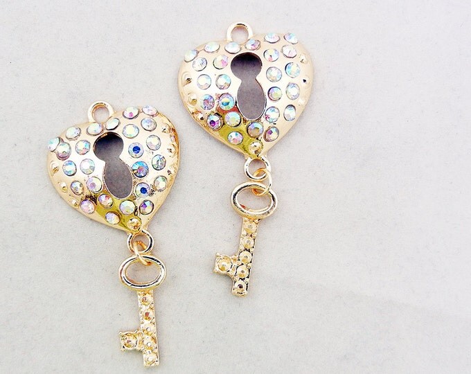 Pair of Heart Shaped Lock and Key Charms Gold-tone AB Rhinestones